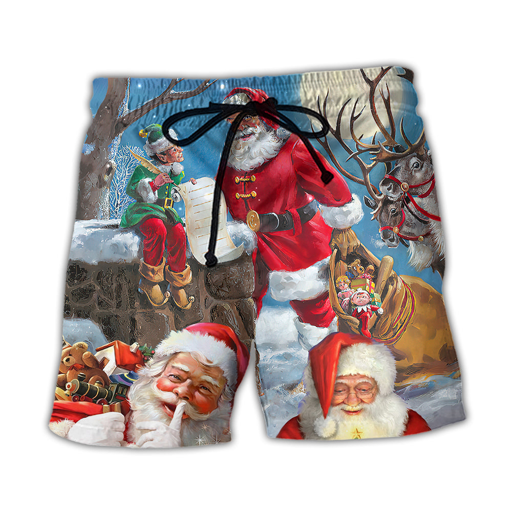 Christmas Funny Santa Claus Elf Xmas Is Coming Blue Sky Art Style - Beach Short - Owl Ohh - Owl Ohh