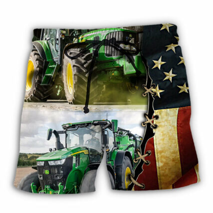 Tractor Independence Day Green Tractor US Flag - Beach Short - Owl Ohh - Owl Ohh