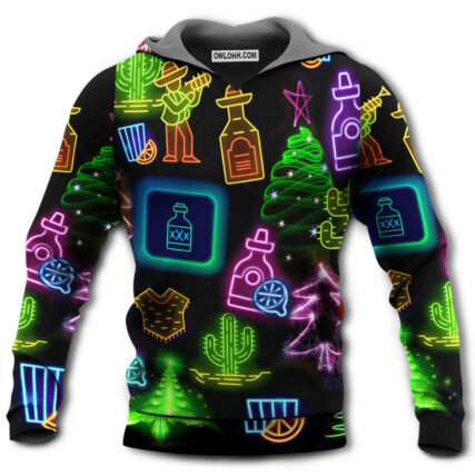 Wine Tequila Christmas Neon Art Drinking - Hoodie - Owl Ohh - Owl Ohh