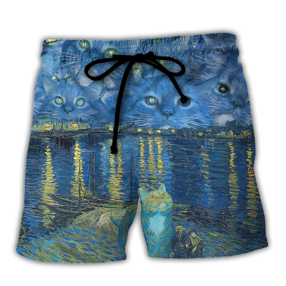 Cat Starry Night Art - Beach Short - Owl Ohh - Owl Ohh
