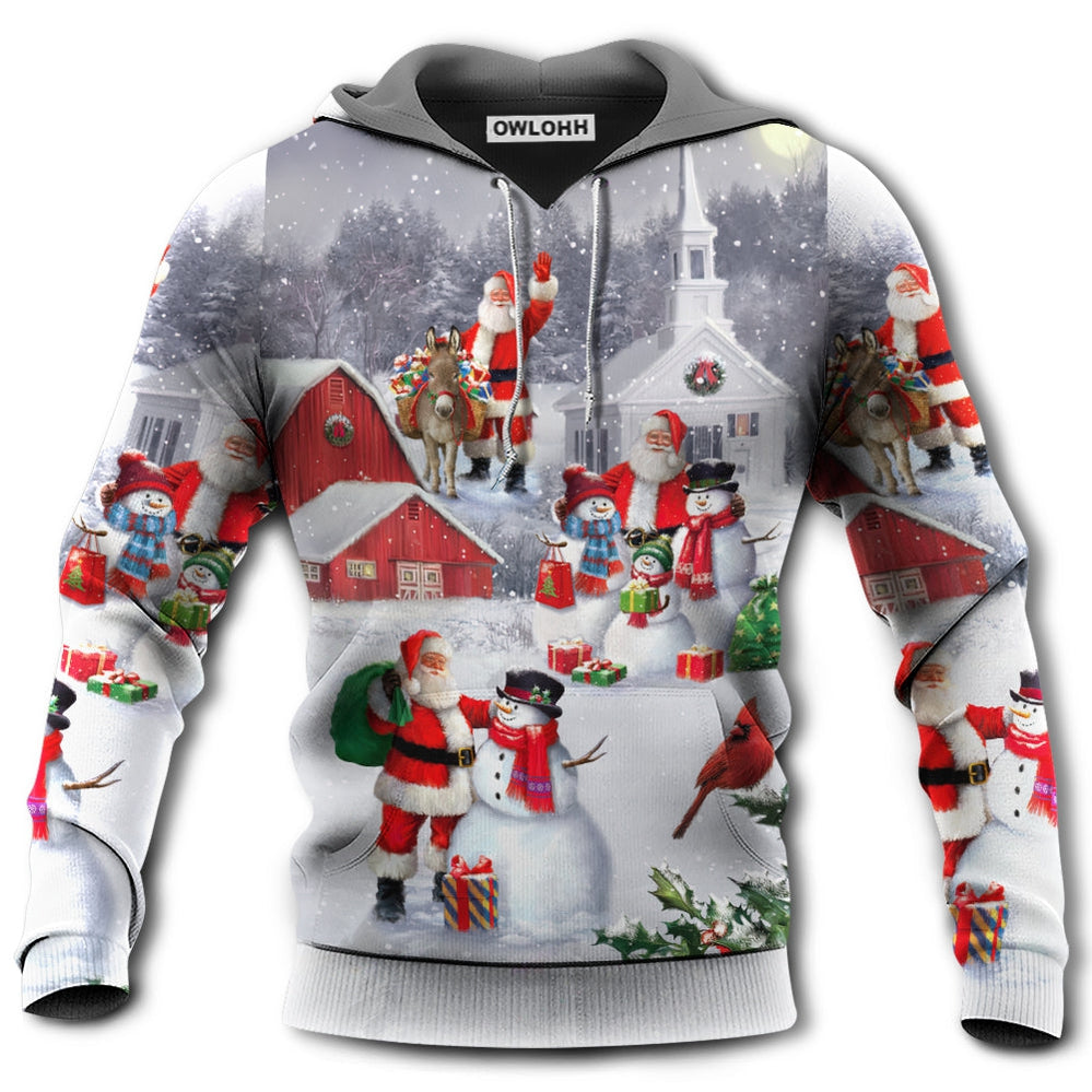 Christmas Santa Claus With Snowman Family In The Town Art Style - Hoodie - Owl Ohh - Owl Ohh