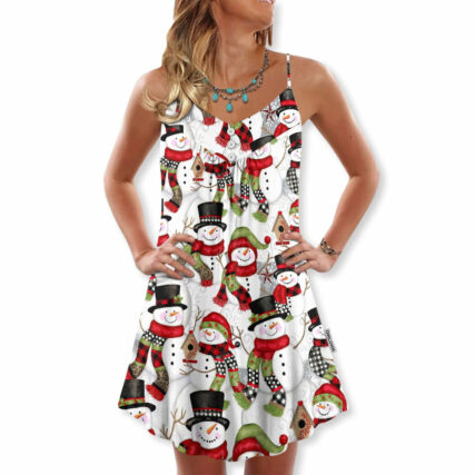 Christmas Snowman Family Happy Christmas - V-neck Sleeveless Cami Dress - Owl Ohh - Owl Ohh