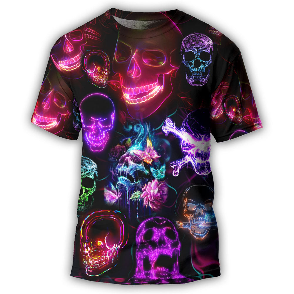 Skull Neon Art Happy Holiday - Round Neck T-shirt - Owl Ohh - Owl Ohh