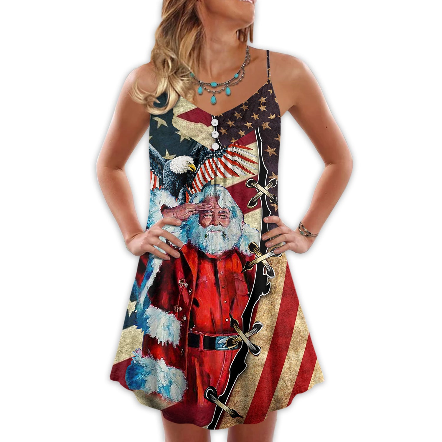 Christmas Patriot Santa Claus American Flag - V-neck Sleeveless Cami Dress - Owl Ohh - Owl Ohh