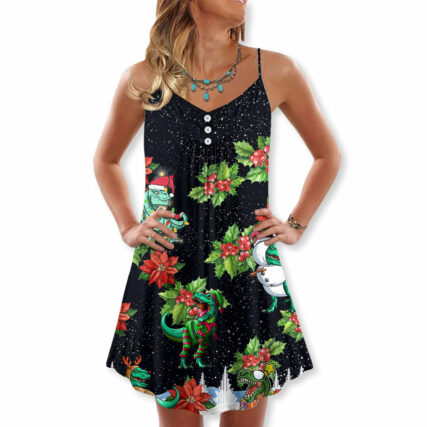 Dinosaur Funny Merry Christmas - V-neck Sleeveless Cami Dress - Owl Ohh - Owl Ohh