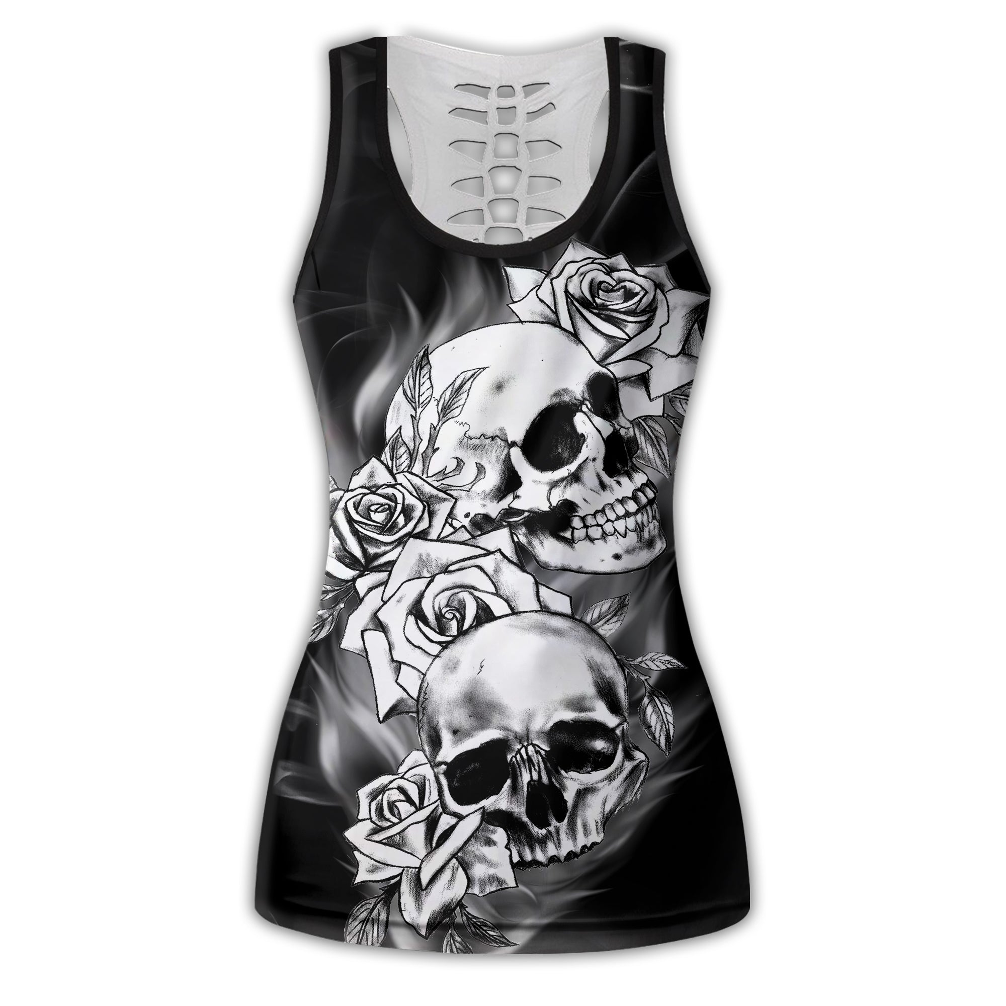 Skull And Rose Black And White Color - Tank Top Hollow - Owl Ohh - Owl Ohh