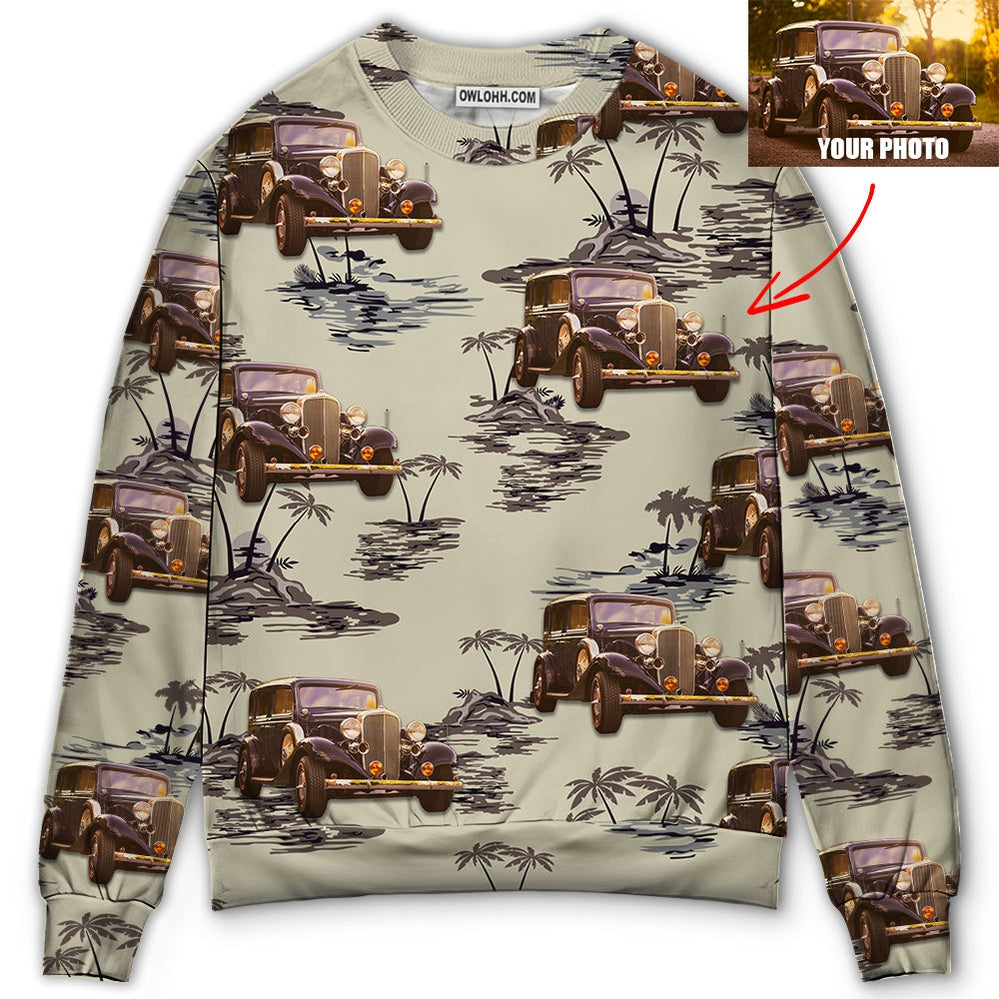Vintage Car Deserted Island Pattern With Palm Trees Custom Photo - Sweater - Ugly Christmas Sweaters - Owl Ohh - Owl Ohh