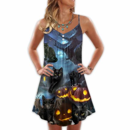 Halloween Black Cat Dark Night Style - V-neck Sleeveless Cami Dress - Owl Ohh - Owl Ohh