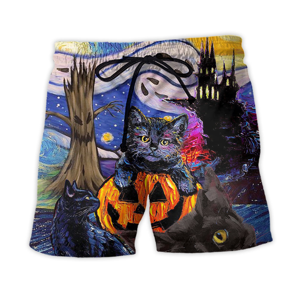 Halloween Black Cat Starry Night Funny Cat Painting Art Style - Beach Short - Owl Ohh - Owl Ohh