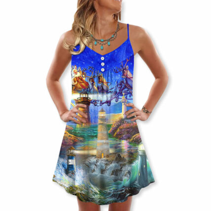Lighthouse Christmas Santa Shine Like A Lighthouse - V-neck Sleeveless Cami Dress - Owl Ohh - Owl Ohh