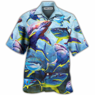 Shark Family Blue And Yellow Light - Hawaiian Shirt - Owl Ohh - Owl Ohh