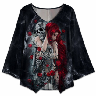 Skull Couple Love Rose Style - V-neck T-shirt - Owl Ohh - Owl Ohh