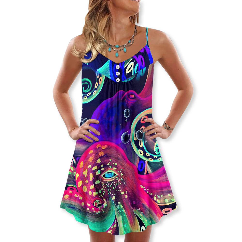 Octopus Neon Under The Sea - V-neck Sleeveless Cami Dress - Owl Ohh - Owl Ohh