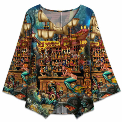 Skull Pirate Treasure Night On The Sea - V-neck T-shirt - Owl Ohh - Owl Ohh