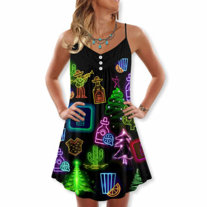 Wine Tequila Christmas Neon Art Drinking - V-neck Sleeveless Cami Dress - Owl Ohh - Owl Ohh
