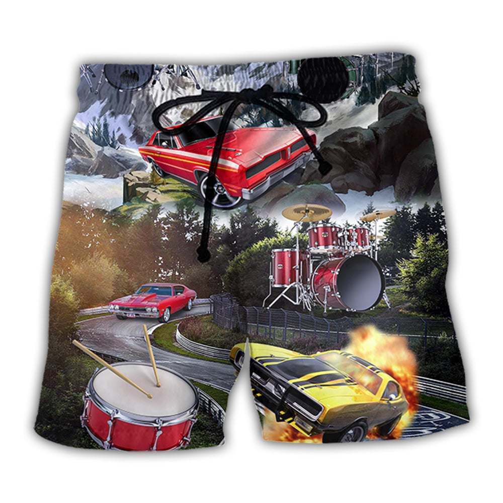 Car Muscle Car And Drum Racing Music Lover - Beach Short - Owl Ohh - Owl Ohh