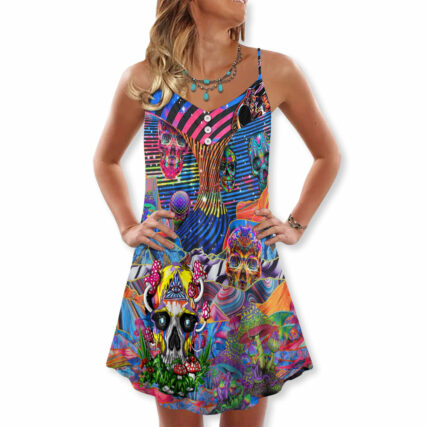 Hippie Love Life Mix Color Skull - V-neck Sleeveless Cami Dress - Owl Ohh - Owl Ohh