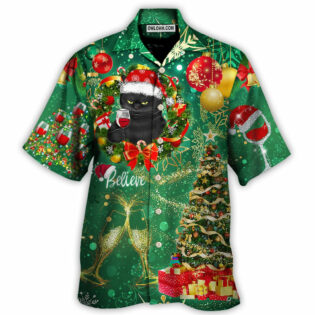 Christmas Black Cat Drinking Happy Christmas Tree Green Light - Hawaiian Shirt - Owl Ohh - Owl Ohh