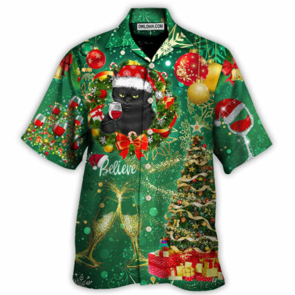 Christmas Black Cat Drinking Happy Christmas Tree Green Light - Hawaiian Shirt - Owl Ohh - Owl Ohh
