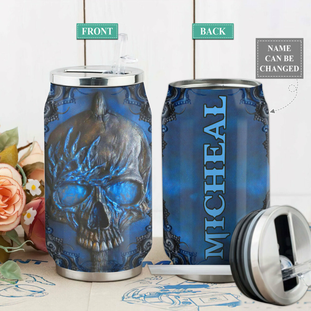 Skull Blue Metal Skull Personalized - Soda Can Tumbler - Owl Ohh - Owl Ohh