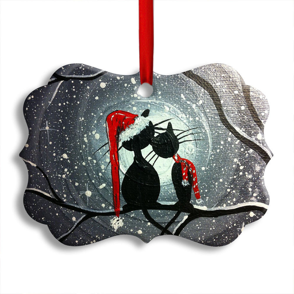 Christmas Cat Couple Lover With Moon - Horizontal Ornament - Owl Ohh - Owl Ohh