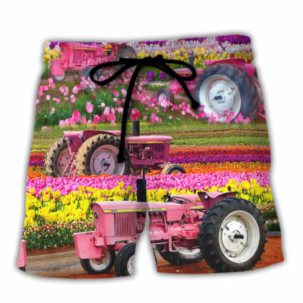 Tractor In Field Tulip Rural Landscape Majestically - Beach Short - Owl Ohh - Owl Ohh