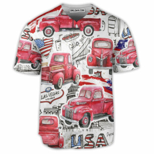 Truck Red USA Flag Independence Day - Baseball Jersey - Owl Ohh - Owl Ohh