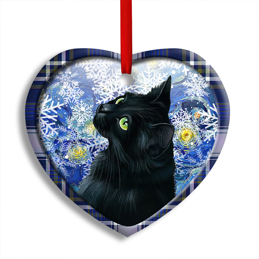 Christmas Black Cat Stary Snowy Night - Heart Ornament - Owl Ohh - Owl Ohh