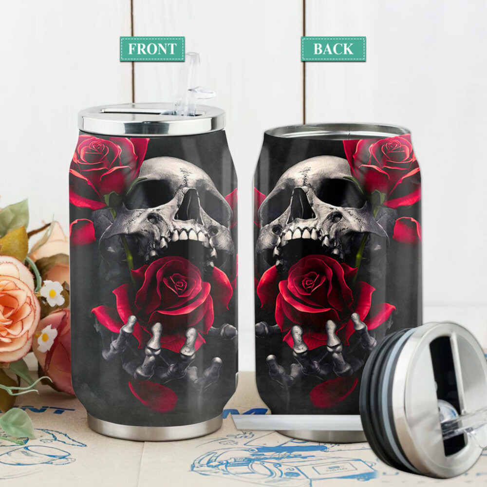 Skull And Rose - Soda Can Tumbler - Owl Ohh - Owl Ohh