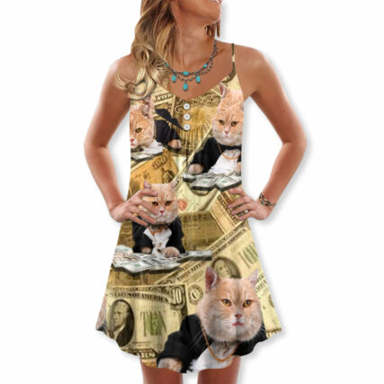 Cat Money Vintage Style - V-neck Sleeveless Cami Dress - Owl Ohh - Owl Ohh