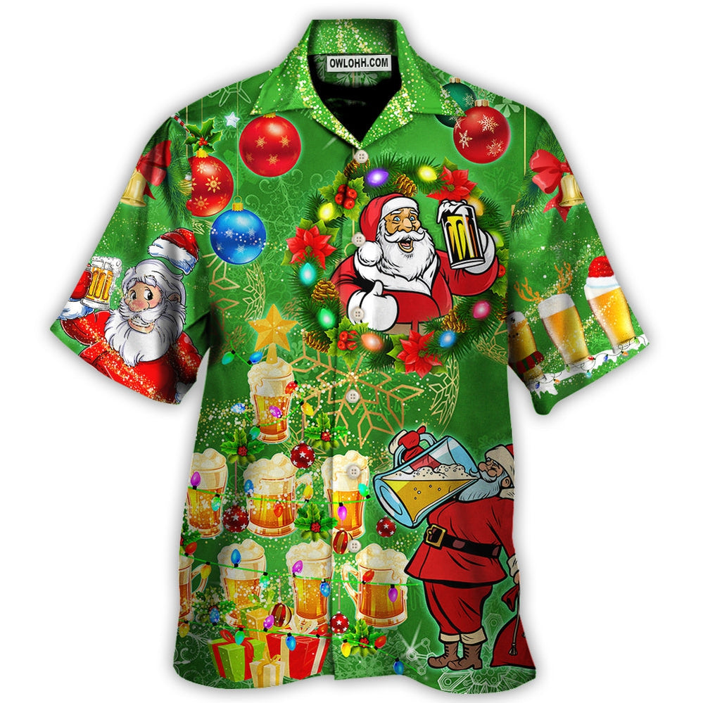 Christmas Funny Santa Claus Drinking Beer Happy Christmas Tree Green Light - Hawaiian Shirt - Owl Ohh - Owl Ohh