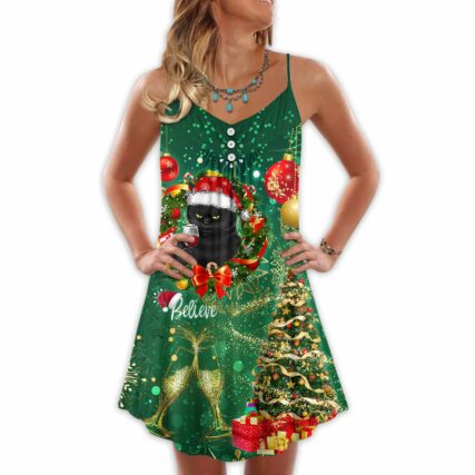 Christmas Black Cat Drinking Happy Christmas Tree Green Light - V-neck Sleeveless Cami Dress - Owl Ohh - Owl Ohh