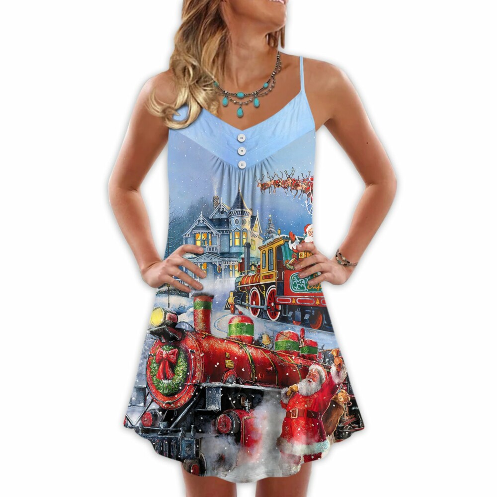 Christmas Santa Claus Train Gift For Xmas Painting Style - V-neck Sleeveless Cami Dress - Owl Ohh - Owl Ohh