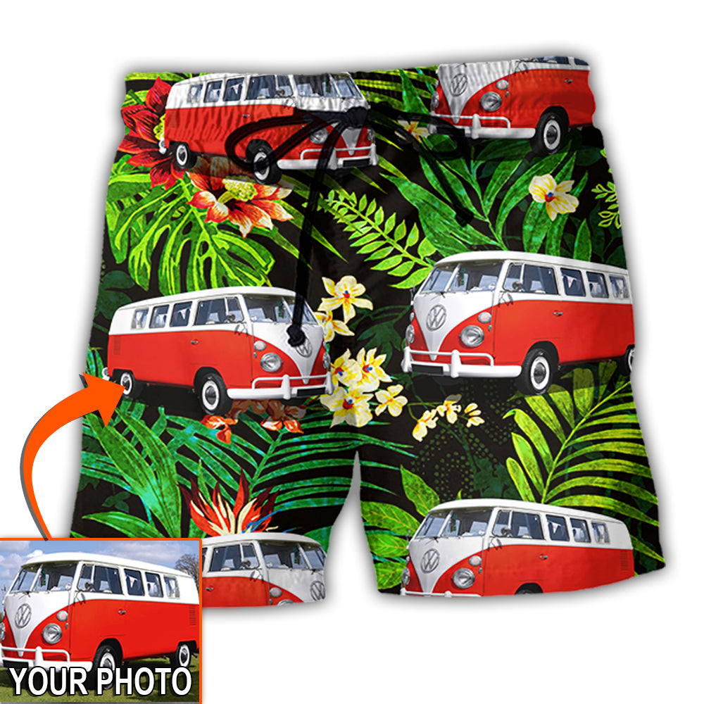 Hippie Van Volkswagen Camper Van Tropical Flower Custom Photo - Beach Short - Owl Ohh - Owl Ohh