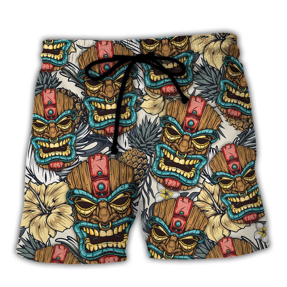 Tiki Tribal Mask With Tropical Leaves - Beach Short - Owl Ohh - Owl Ohh