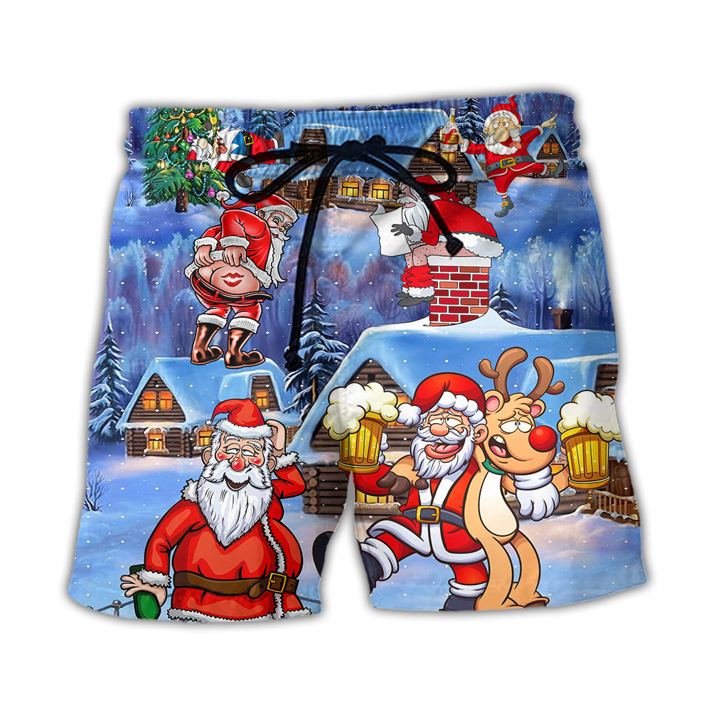 Christmas Santa Claus Drunk Beer Troll Happy Xmas - Beach Short - Owl Ohh - Owl Ohh