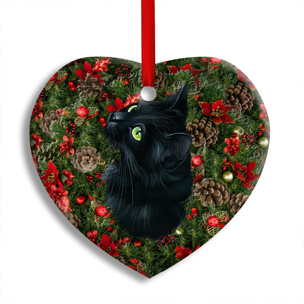 Christmas Black Cat Meowy Catmas - Heart Ornament - Owl Ohh - Owl Ohh