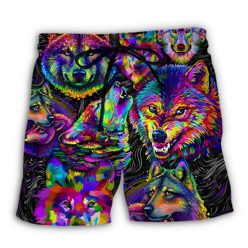 Wolf Neon Colorful Art - Beach Short - Owl Ohh - Owl Ohh