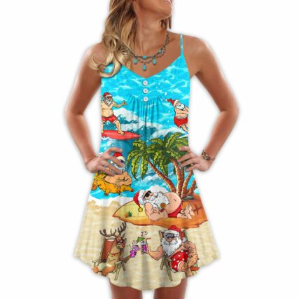 Christmas Santa Claus Chilling On The Beach Mele Kalikimaka Funny - V-neck Sleeveless Cami Dress - Owl Ohh - Owl Ohh