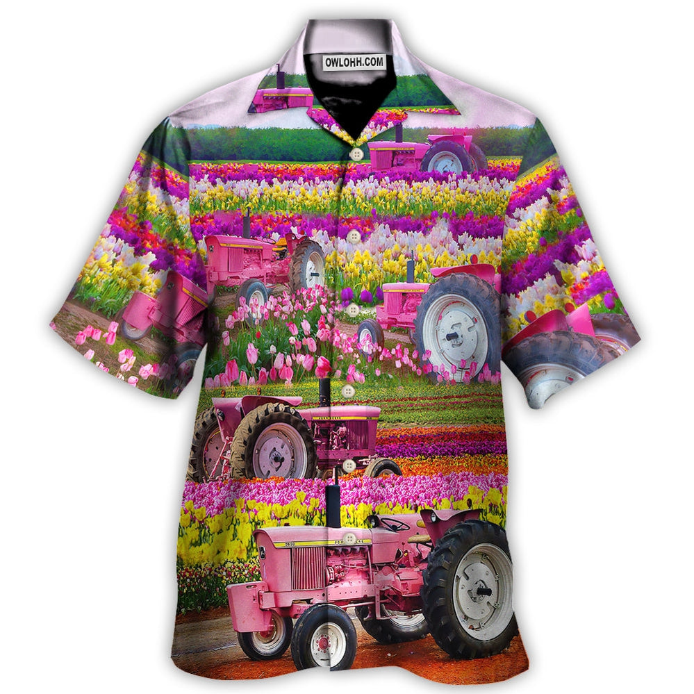 Tractor In Field Tulip Rural Landscape Majestically - Hawaiian Shirt - Owl Ohh - Owl Ohh