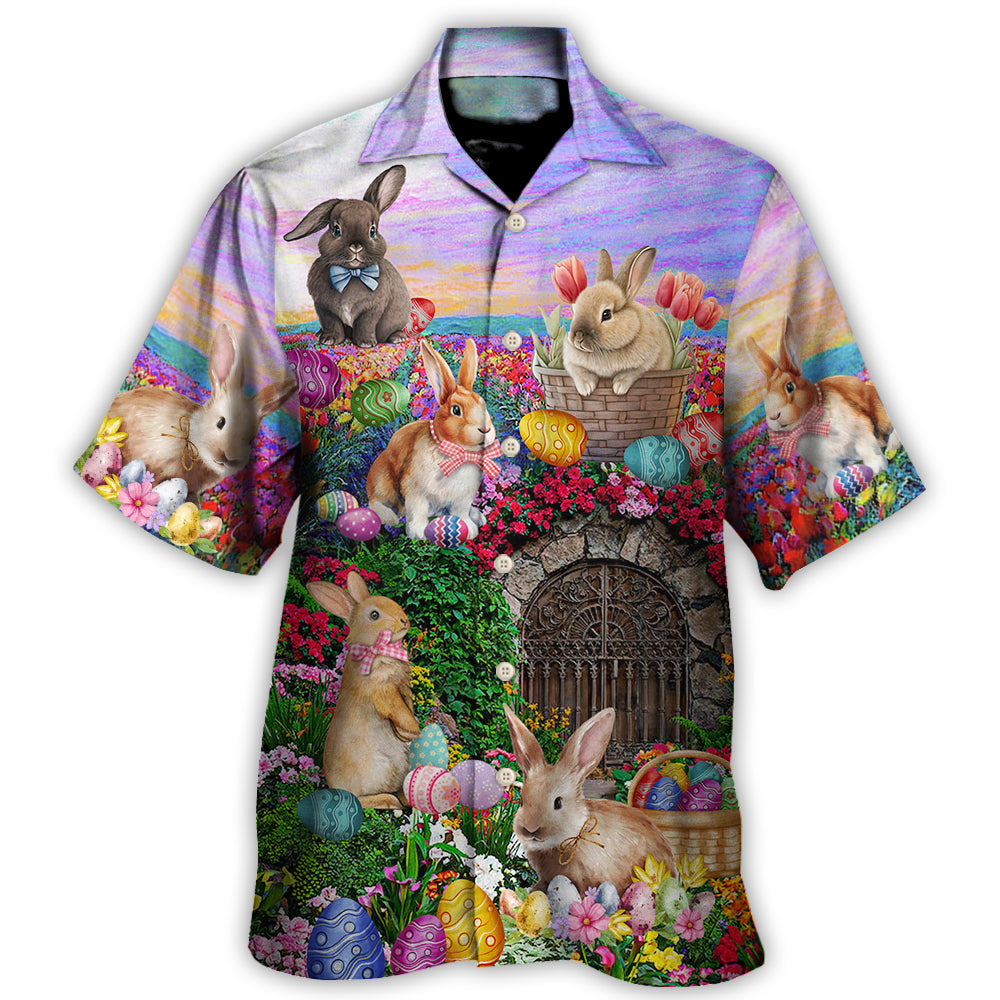 Easter Rabbit Chilling In The Flower Landscape Watercolor Style - Hawaiian Shirt - Owl Ohh - Owl Ohh