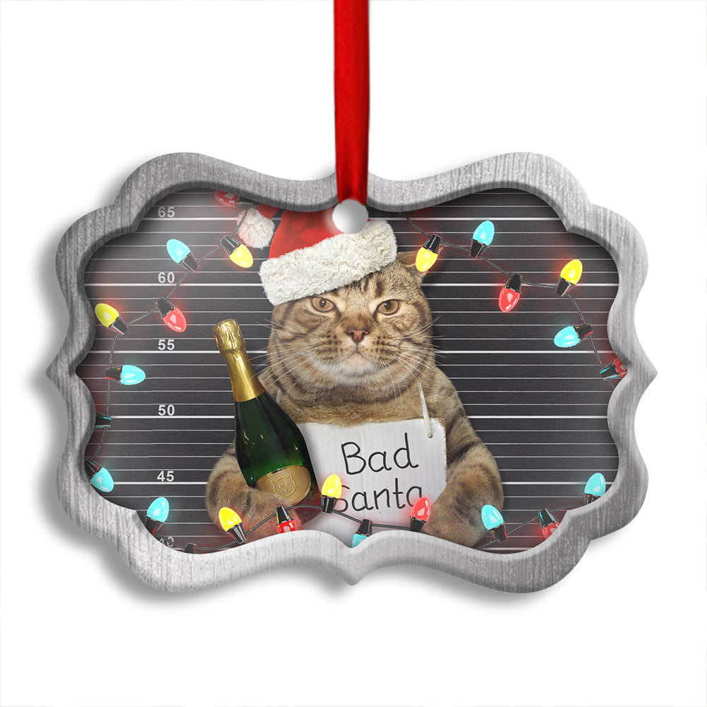 Christmas Cat Bad Santa Champagne And Santa Hat - Horizontal Ornament - Owl Ohh - Owl Ohh