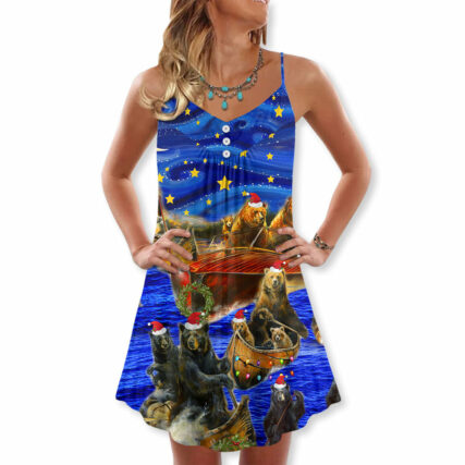 Bear And Boat Santa Merry Christmas Snow - V-neck Sleeveless Cami Dress - Owl Ohh - Owl Ohh