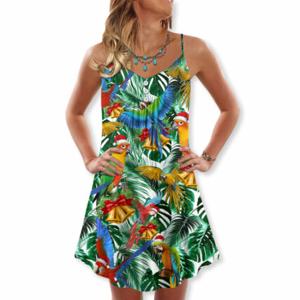Christmas Parrot Love Xmas Tropical Leaf - V-neck Sleeveless Cami Dress - Owl Ohh - Owl Ohh