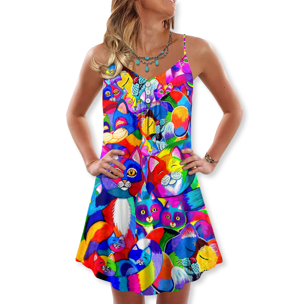 Cat Colorfull Rainbow Style - V-neck Sleeveless Cami Dress - Owl Ohh - Owl Ohh
