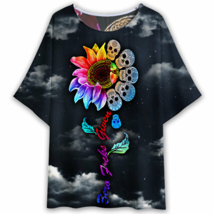Skull Sunflower Colorful Sky Night - Women's T-shirt With Bat Sleeve - Owl Ohh - Owl Ohh