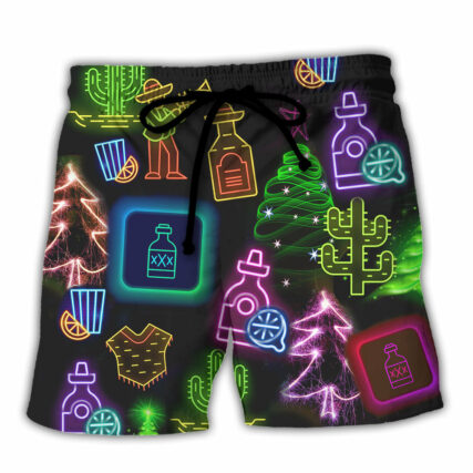 Wine Tequila Christmas Neon Art Drinking - Beach Short - Owl Ohh - Owl Ohh