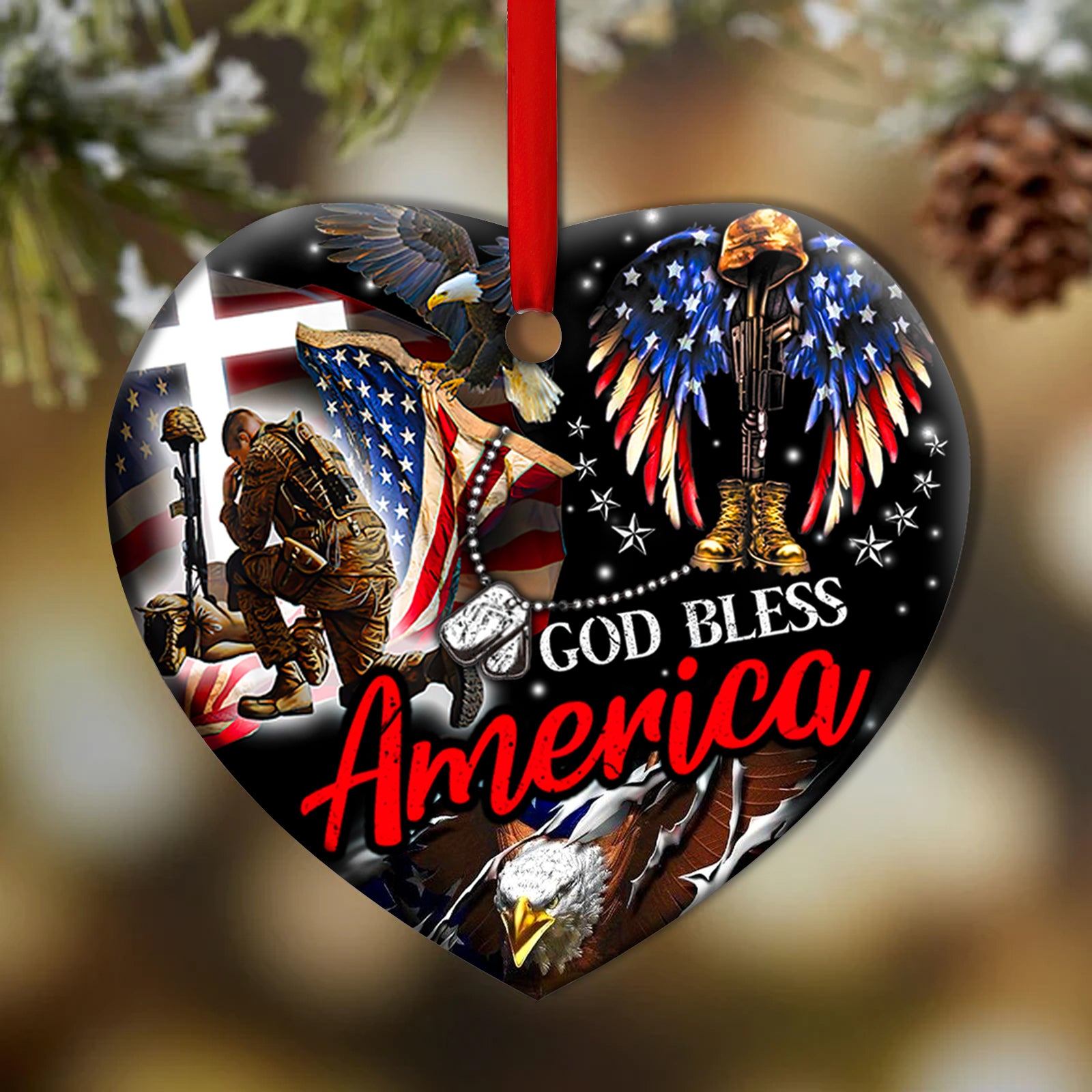 Veteran God Bless America Eagle USA Flag - Heart Ornament - Owl Ohh - Owl Ohh