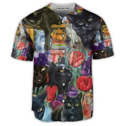 Black Cat Art With Flowers - Baseball Jersey - Owl Ohh - Owl Ohh