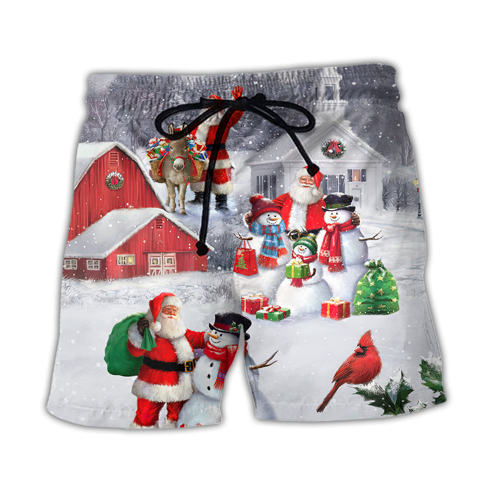 Christmas Santa Claus With Snowman Family In The Town Art Style - Beach Short - Owl Ohh - Owl Ohh